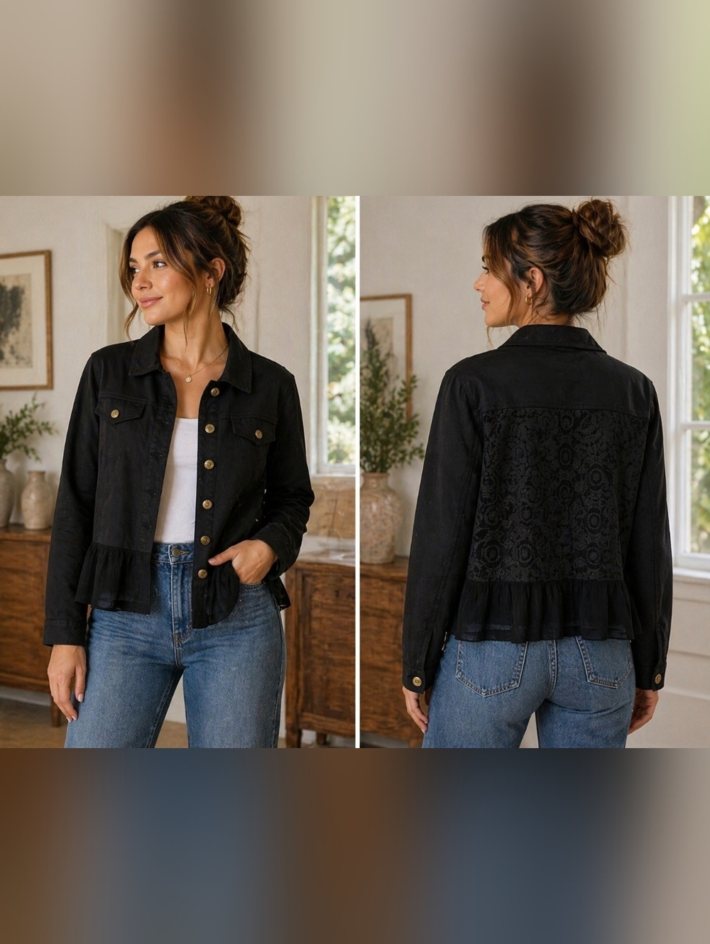 Black Denim Jacket w/ Lace Back & Sheer Ruffle Hem – Feminine Edge